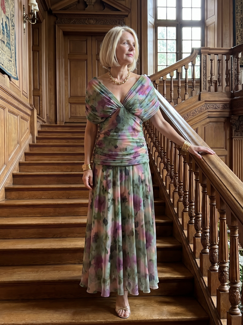 Off-Shoulder-Midikleid, V-Ausschnitt, gemustert in Lila-Grün-Pink mit fließendem Rock