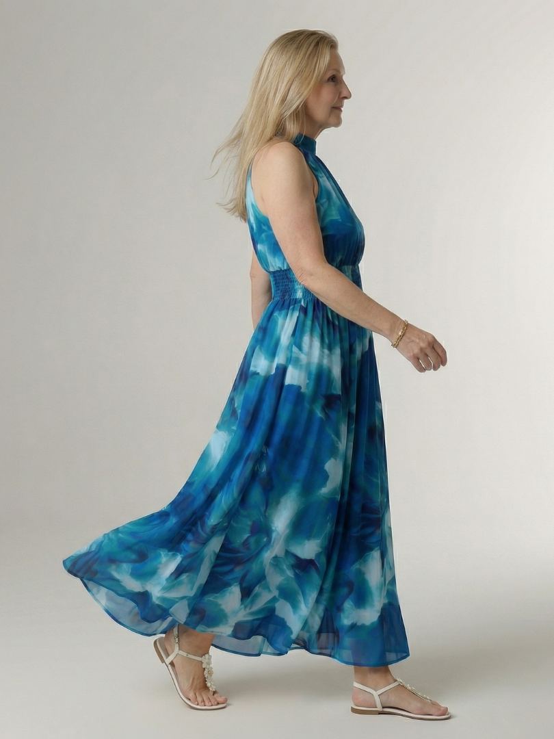 Blaues Halter-Midi-Kleid, fließender Rock mit Wolkenmuster und elastischem Taillenbund