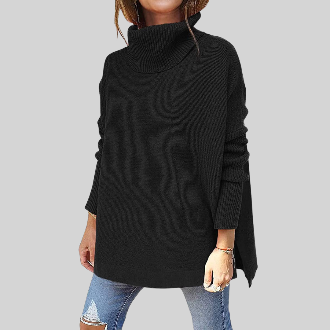Oversize-Pullover mit Rollkragen, schwarz, lange Ärmel, Rippbündchen