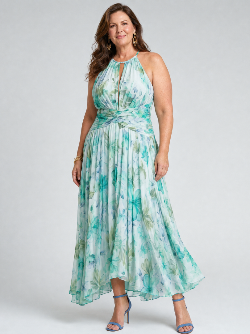 Halter-Midikleid mit grünem Blumenmuster, Frontansicht, Bindegürtel in der Taille