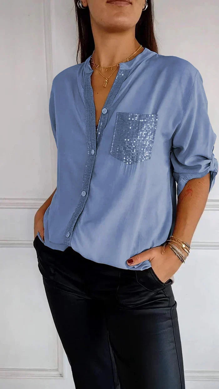 Hellblaues Damen-V-Ausschnitt-Shirt mit Knopfleiste und Pailletten-Brusttasche