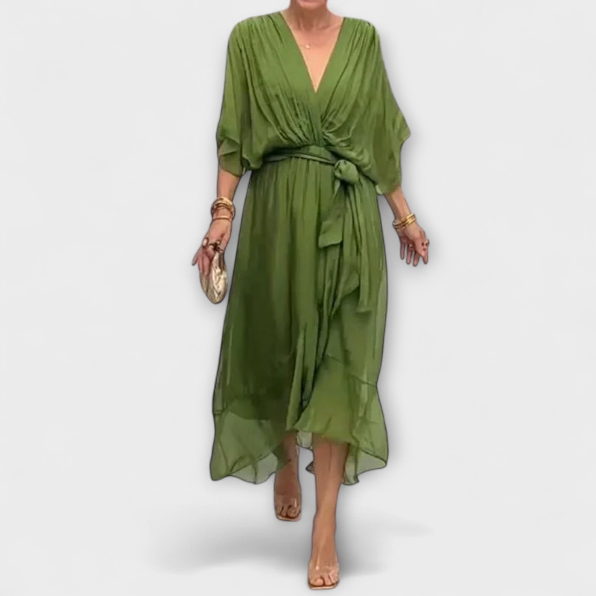 Chiffonkleid mit V-Ausschnitt, grün, geraffte Optik mit Bindegürtel, midi-langer Saum