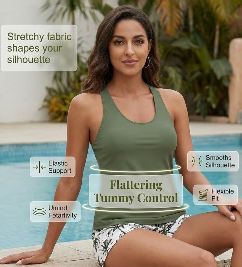 Tankini-Set in Olivgrün: Trägertop und weiße Shorts mit Palmprint