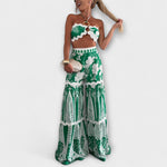Zella Cassie Set: trägerloses Bandeau mit Ring-Detail und Volants, Rock grün-weiß gemustert