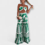 Zella Cassie Set: trägerloses Bandeau mit Ring-Detail und Volants, Rock grün-weiß gemustert