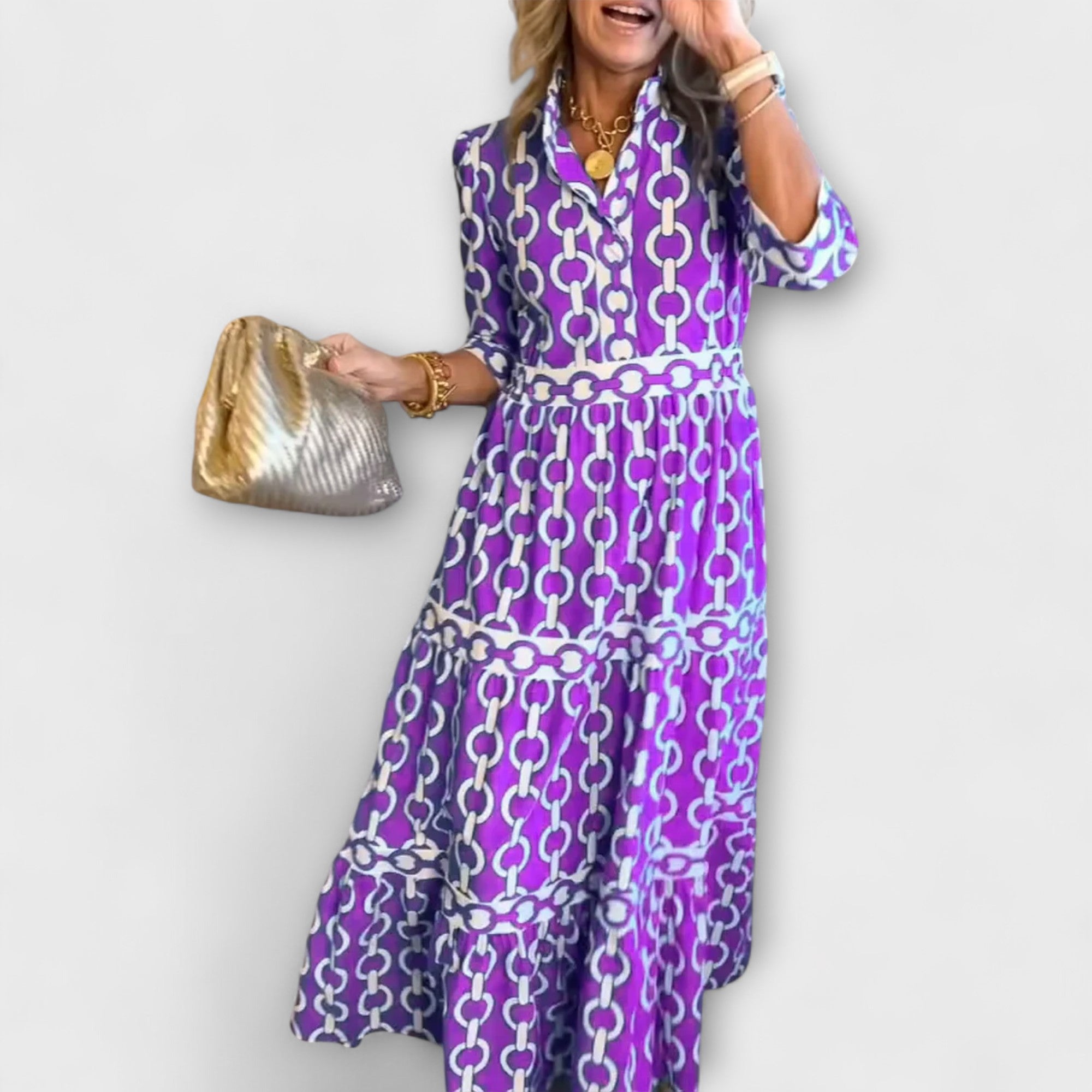 Midi-Kleid mit Kettenmuster in Lila/Weiß, kurze Ärmel, gestufter Rock mit Volants