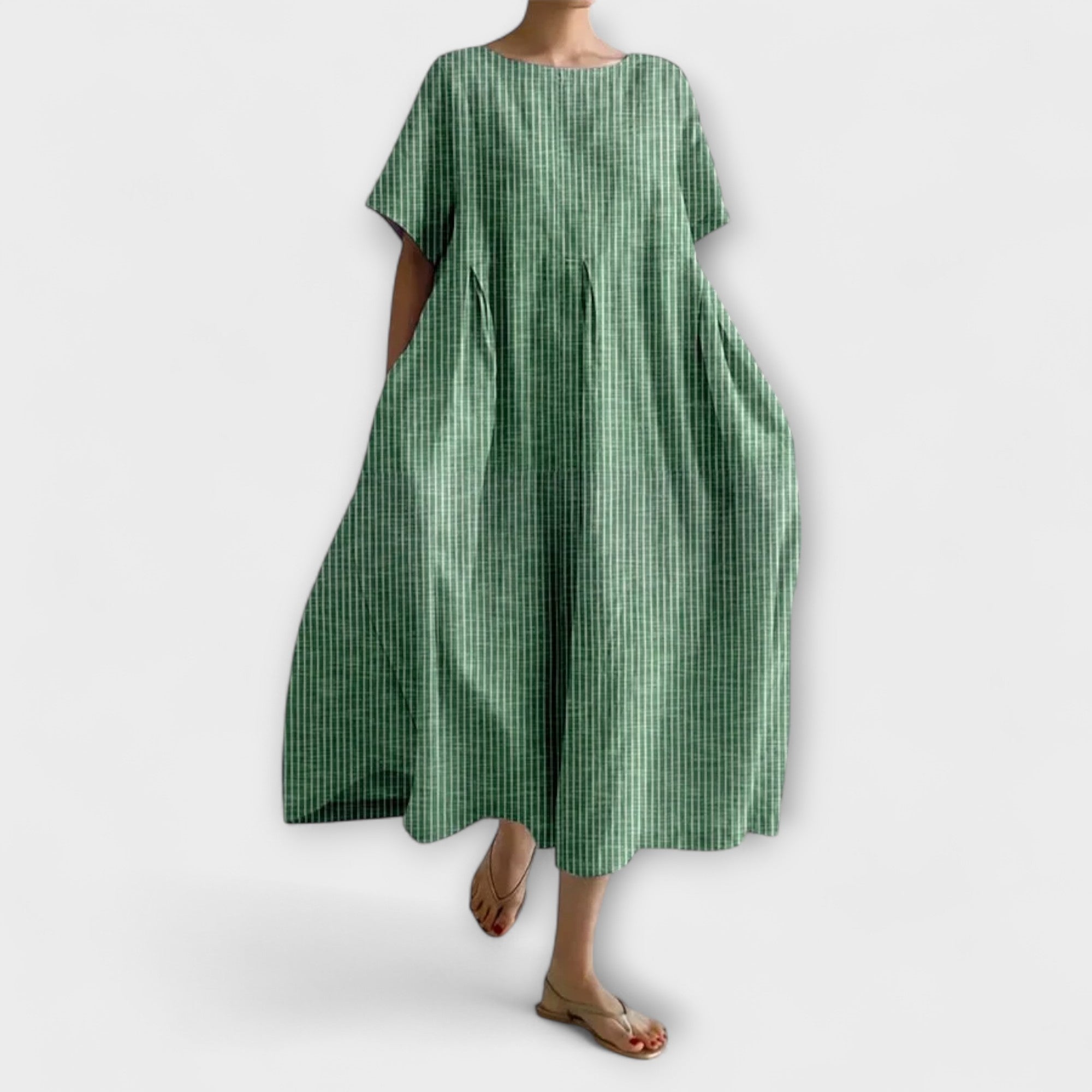 Grünes, gestreiftes langes Kleid, kurzarm, weit fallender Schnitt