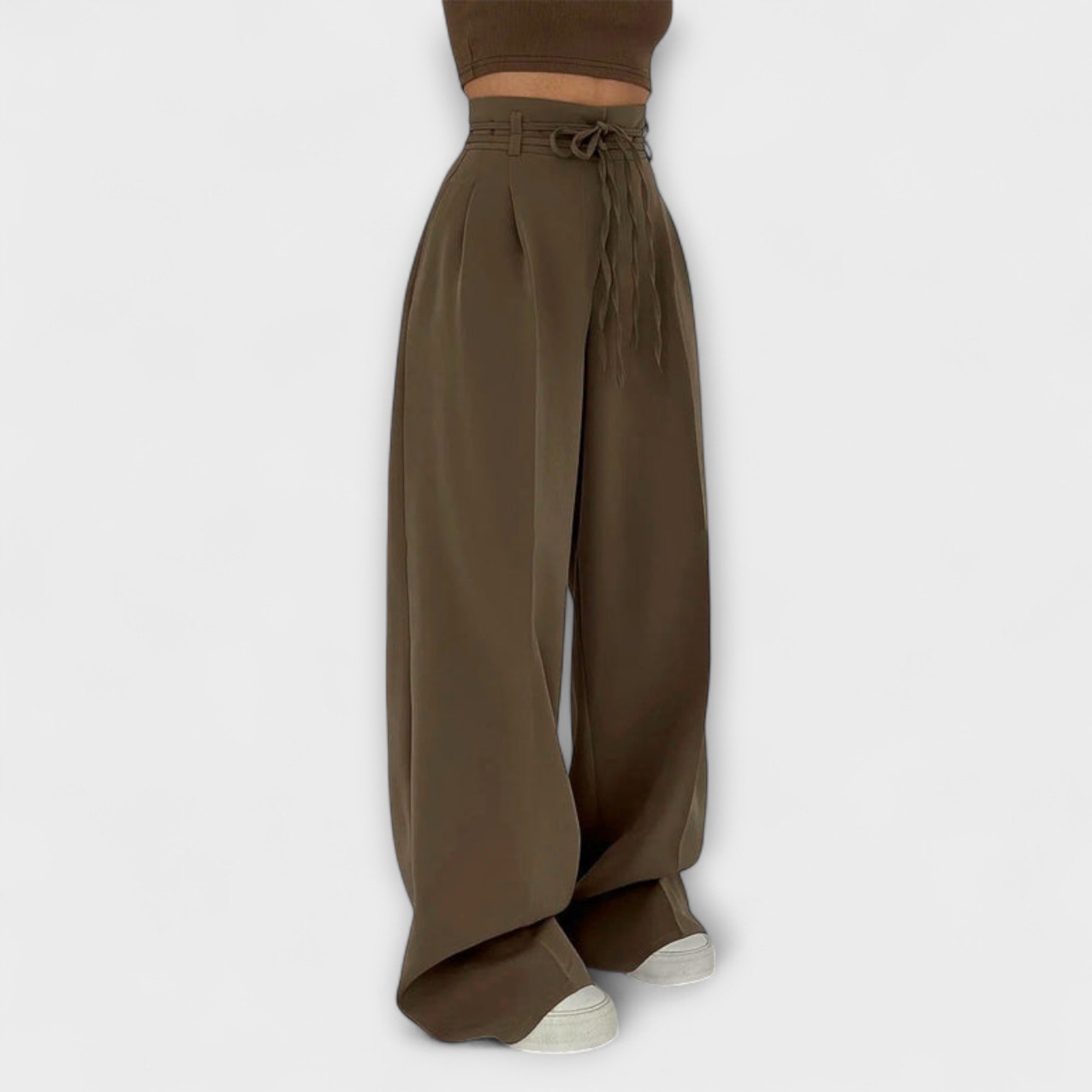 Schnürbare Freizeit-Hose, kaffefarben, weites Bein, Kordelbund mit verdeckter Schlaufe