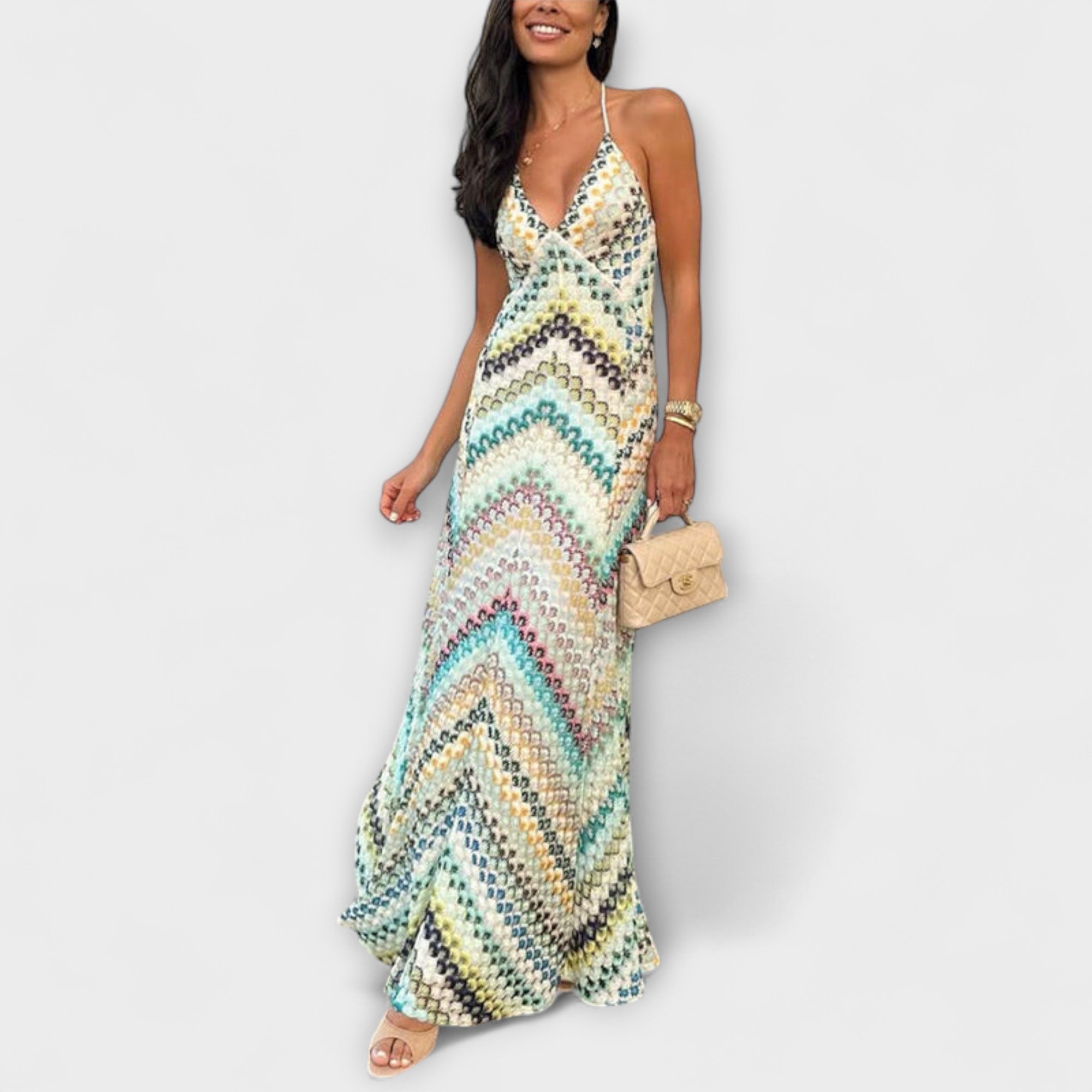 Maxikleid in voller Länge mit Spaghettiträgern und V-Ausschnitt, buntes Zickzack