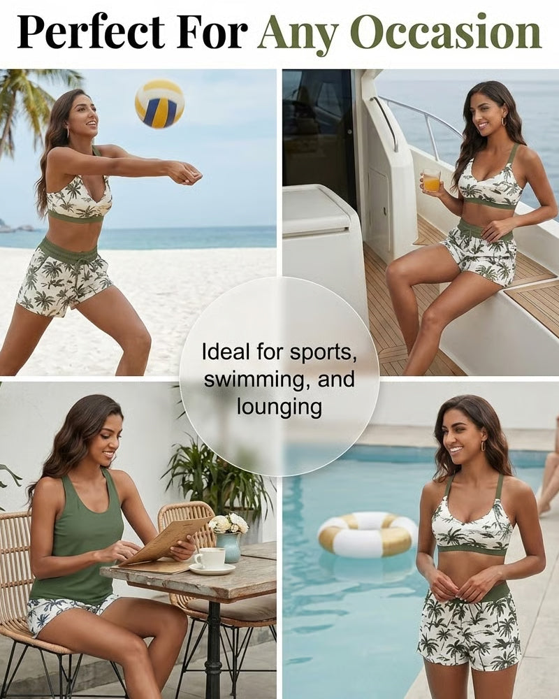 Tankini-Set mit olivgrünem Trägertop und gemusterten Palmprint-Shorts