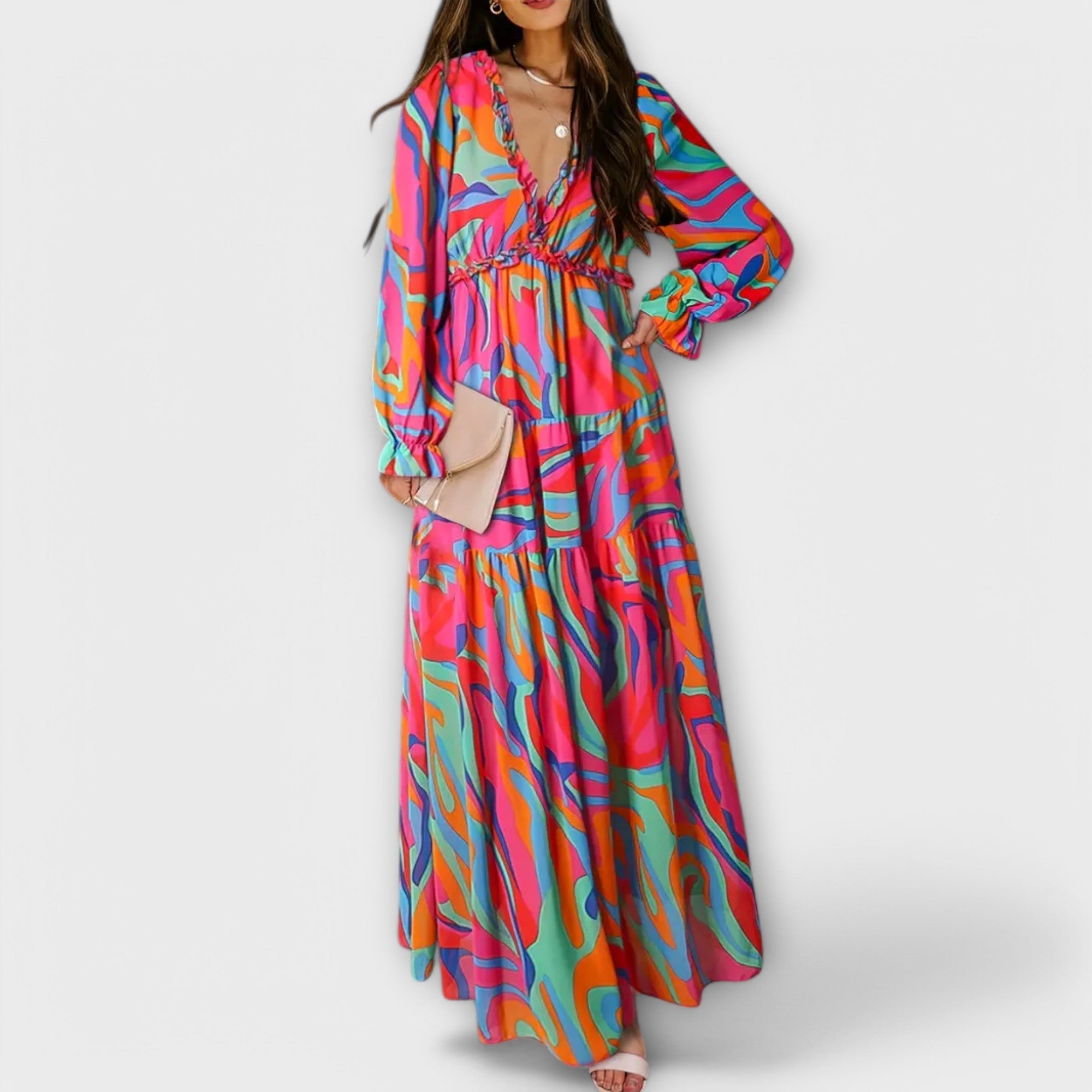 Elegantes Kleid mit V-Ausschnitt, langen Ärmeln und mehrfarbigem Muster, weite Rockform