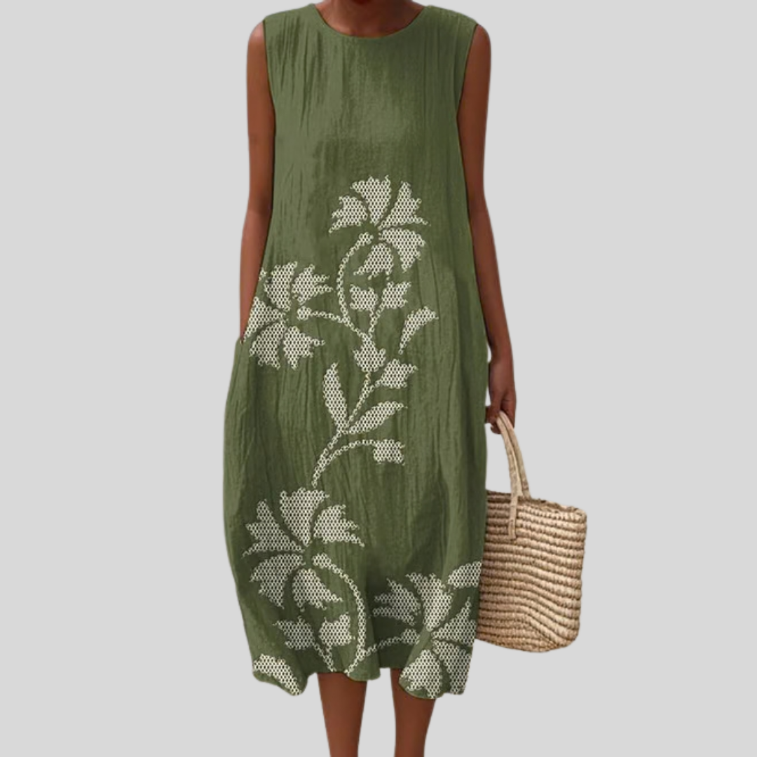 Ärmelloses Kleid in Olivgrün mit weißem Blumenprint