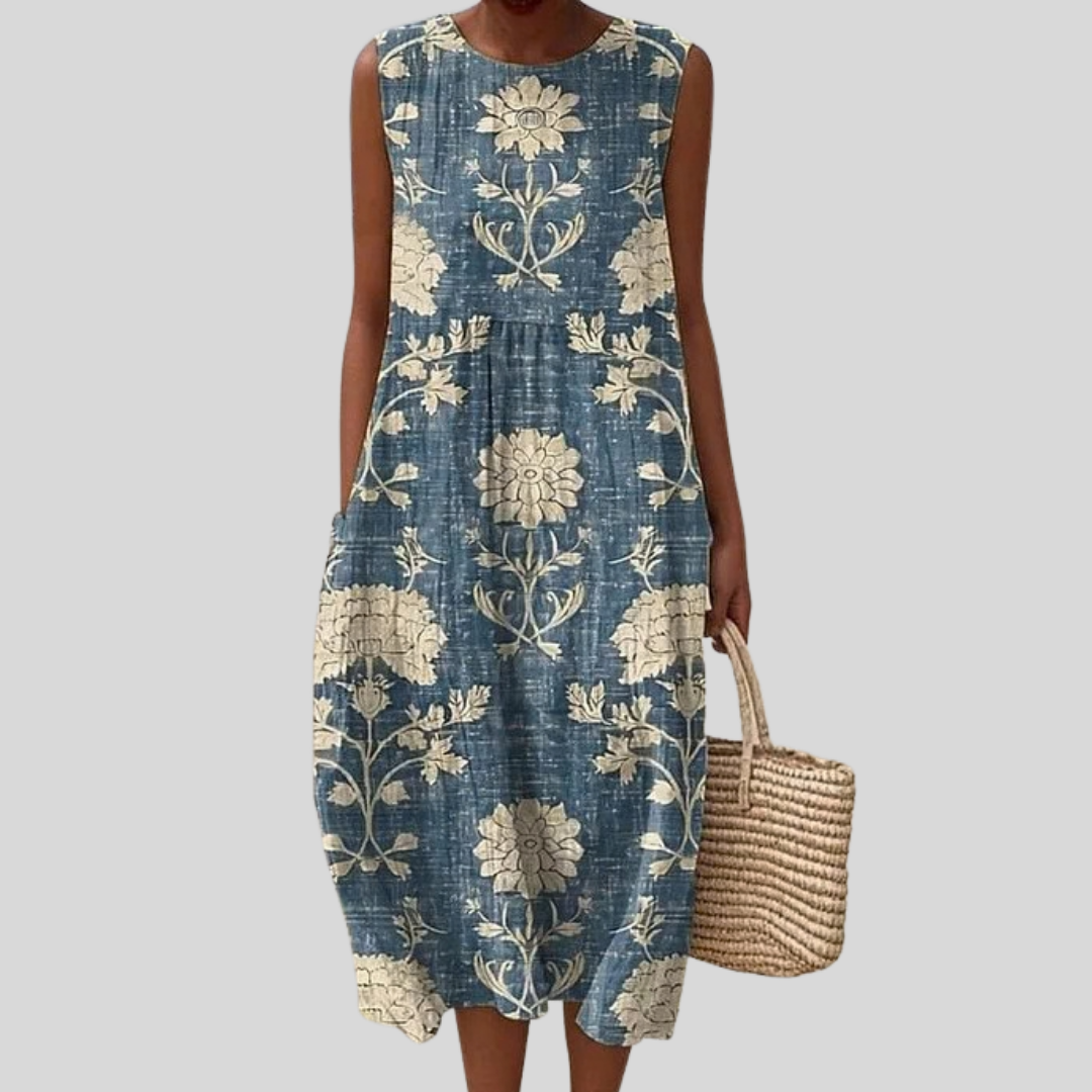 Ärmelloses Kleid mit Rundhalsausschnitt, blau mit beigen Blumenmuster, knielang