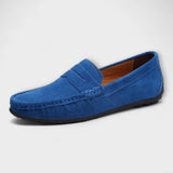 Blaue Velours-Slipper mit Riemen und Ziernaht, flache Sohle