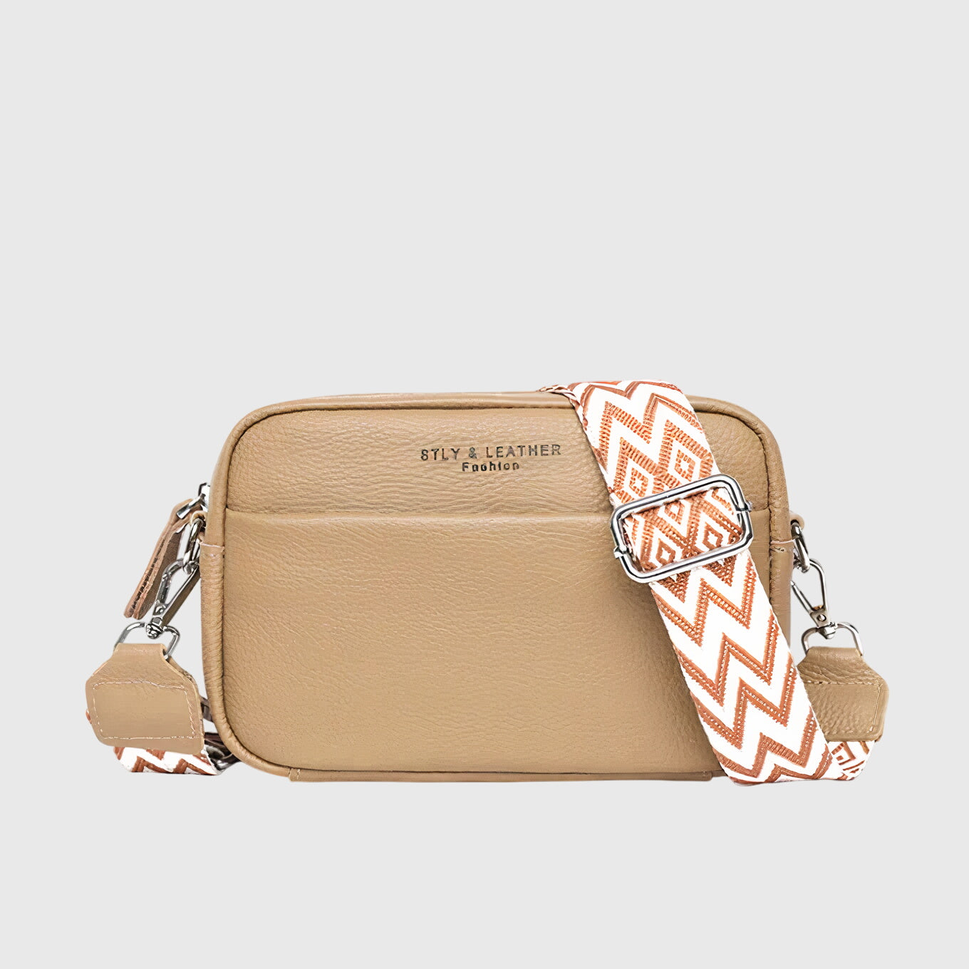 Beige Leder-Schultertasche mit Reißverschluss und orangebraunem Zickzack-Gurt