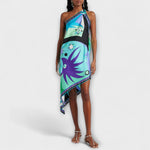 Satin-Midi-Kleid mit buntem Blumenprint, schmalen Trägern und asymmetrischem Saum