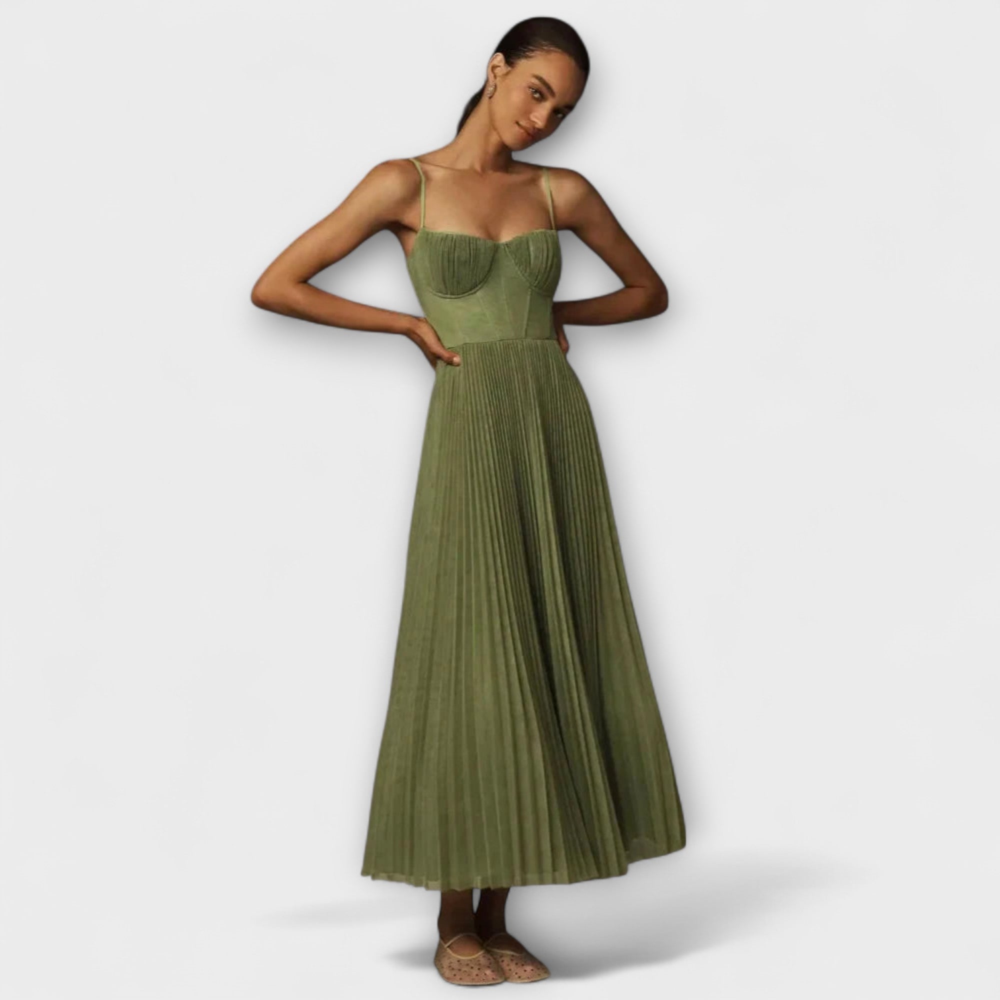 Midi-Tüllkleid mit Bustier-Design, olivgrün, Träger, plissierter Rock