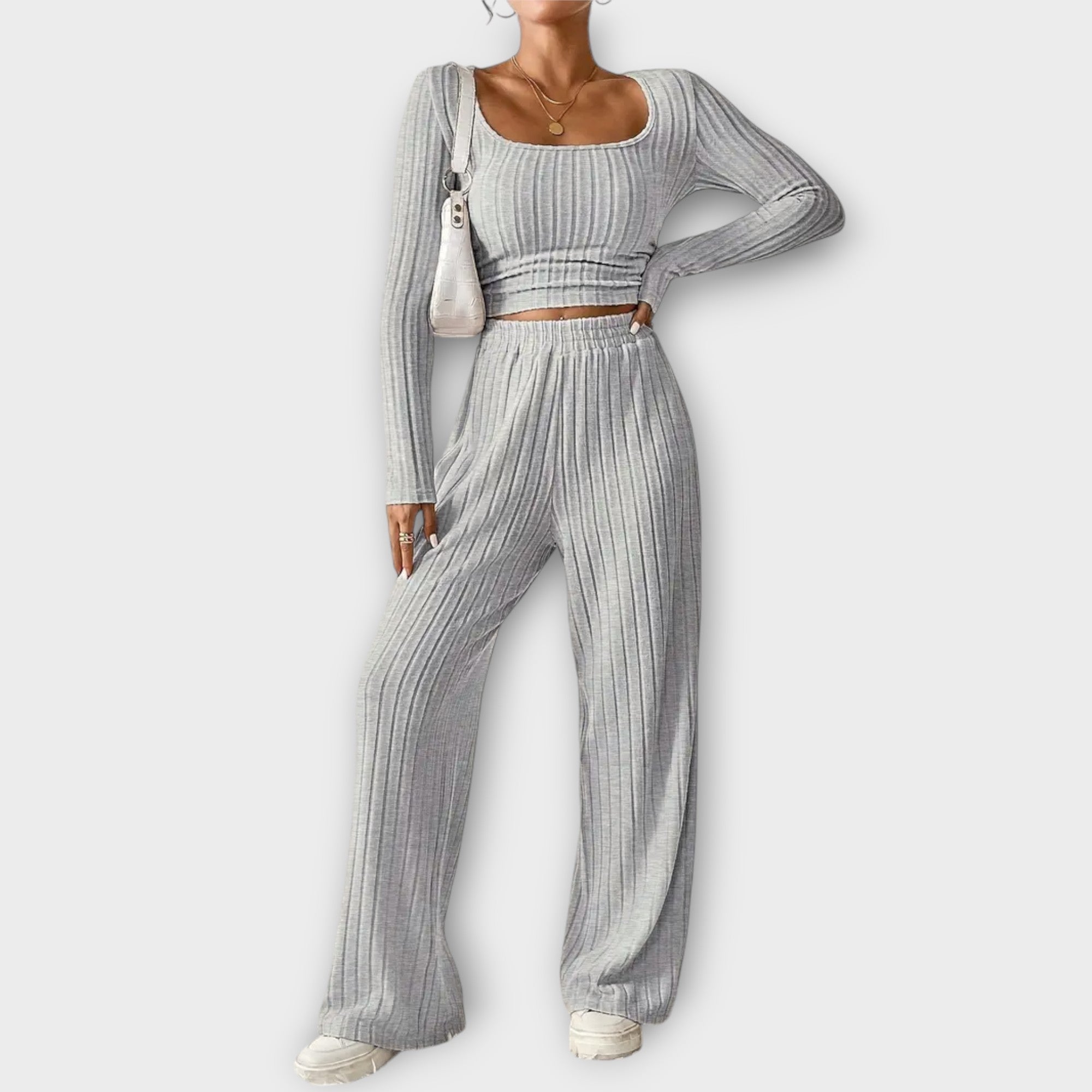 Set aus langarmigem Crop-Top und weitem Hosenbund, graues Rippenmuster