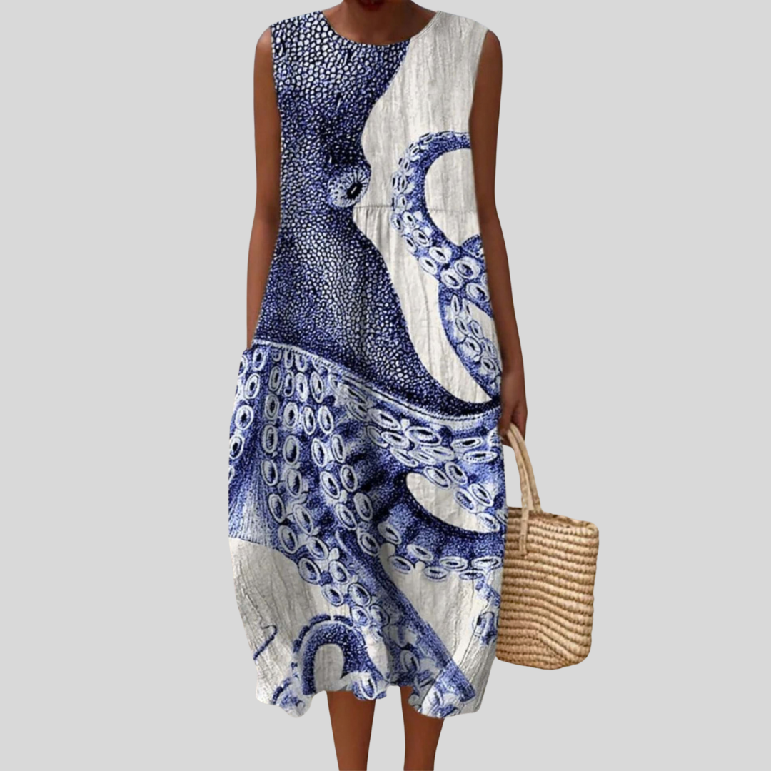 Ärmelloses Kleid mit V-Ausschnitt, blau-weißem Paisley-Muster, fließender Schnitt