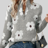Pullover mit Reißverschlusskragen, grauer Strick mit weißen Blumenmustern und Bündchen