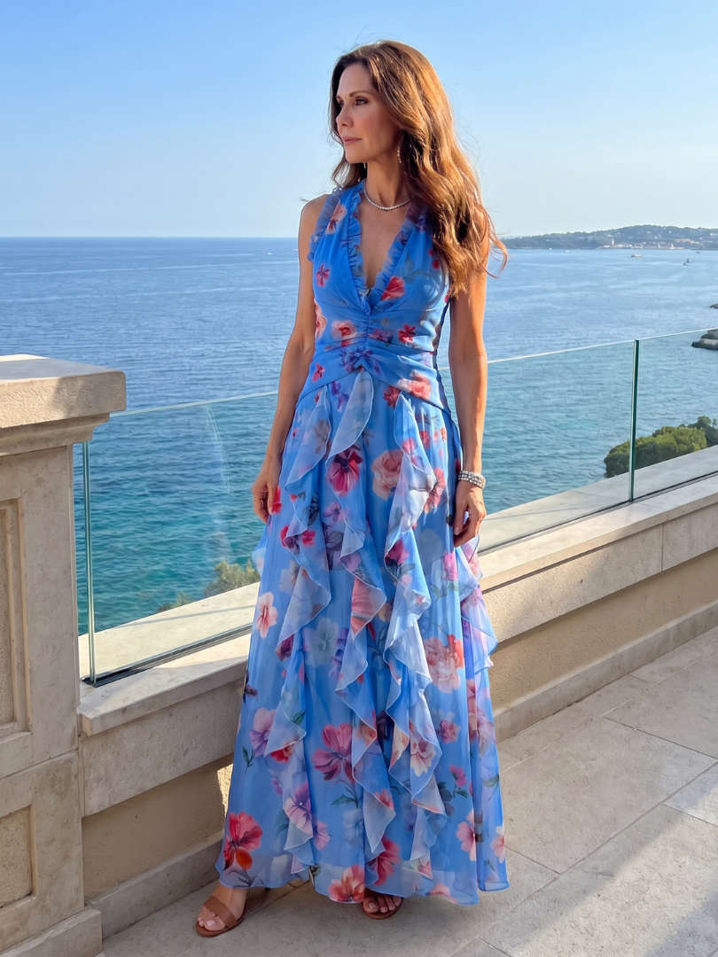 Halterneck-Rüschentop Maxikleid, blaues Floral, stehende Ansicht, mehrfacher Volant-Rock