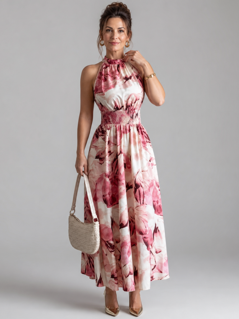 Rosafarbenes Midi-Kleid mit geraffter Taille und abstraktem Druck, ärmellos, hoher Hals
