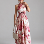 Rosafarbenes Midi-Kleid mit geraffter Taille und abstraktem Druck, ärmellos, hoher Hals