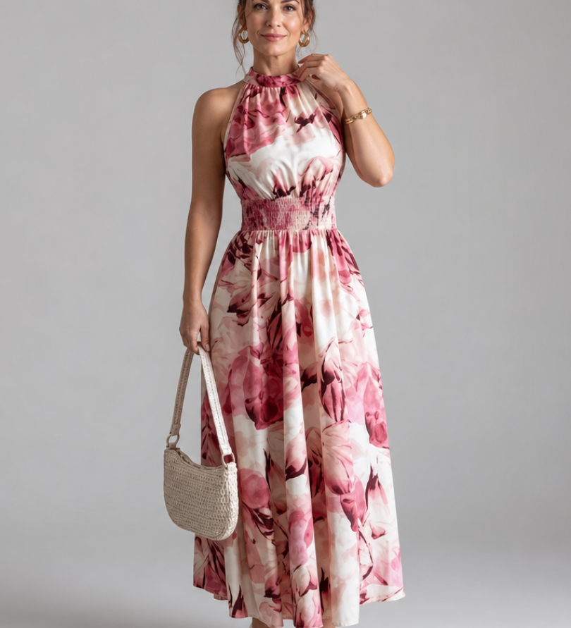 Rosafarbenes Midi-Kleid mit geraffter Taille und abstraktem Druck, ärmellos, hoher Hals
