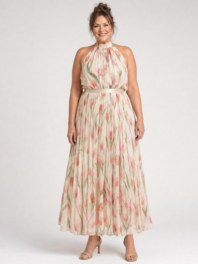 Vorderansicht: Halter-Midi-Kleid mit Blumenmuster, schmaler Gürtelbund, leichter, fallender Stoff
