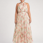 Vorderansicht: Halter-Midi-Kleid mit Blumenmuster, schmaler Gürtelbund, leichter, fallender Stoff
