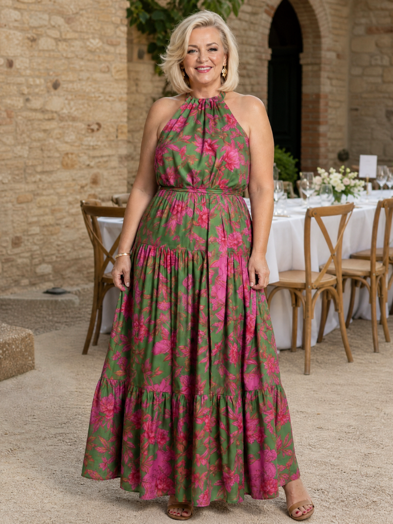 Halter-Midi-Kleid mit pinken Blumenprints auf grünem Stoff, tailliert, ärmellos