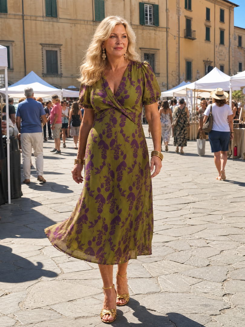 Midi-Kleid mit Taillengürtel und lila Blüten auf olivfarbenem Stoff