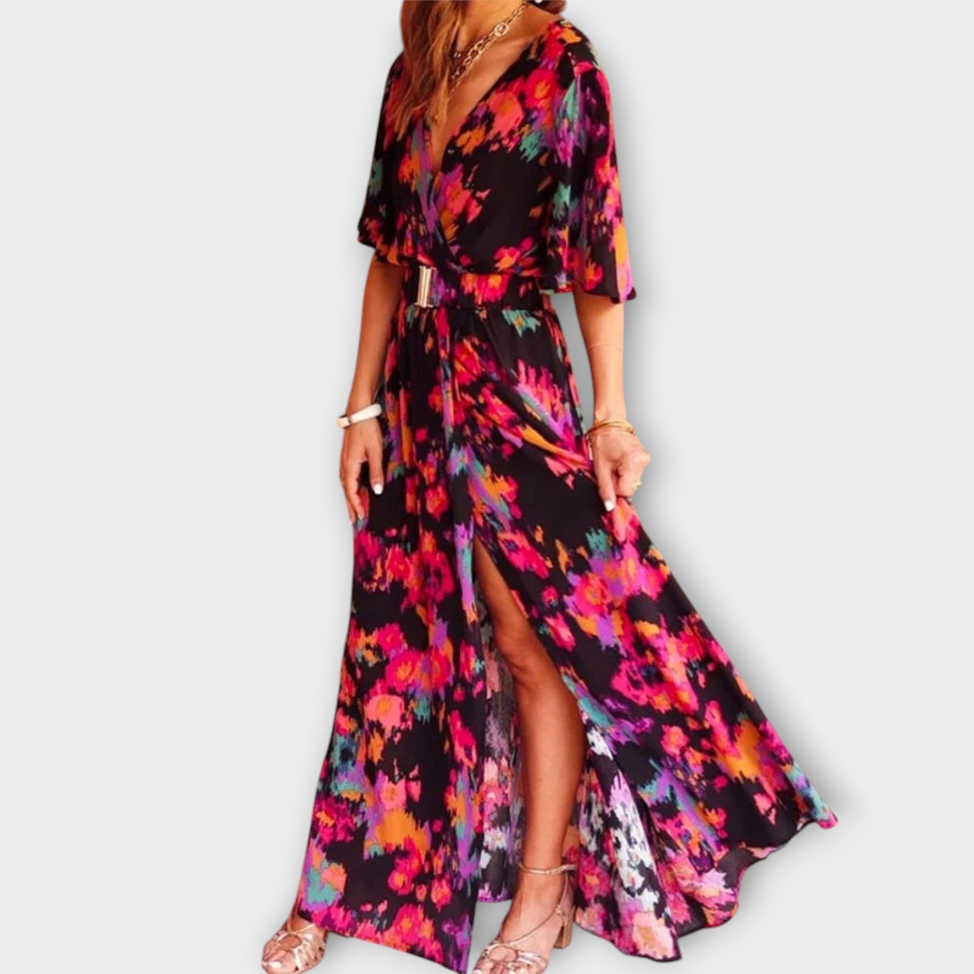 Wickel-Maxikleid in Schwarz mit buntem Muster, V-Ausschnitt, Halbarm, Schlitz