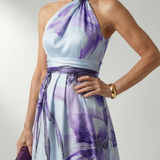 Maxikleid mit Blumenprint, Neckholder-Knoten am Hals und Taillengürtel, fliederfarben