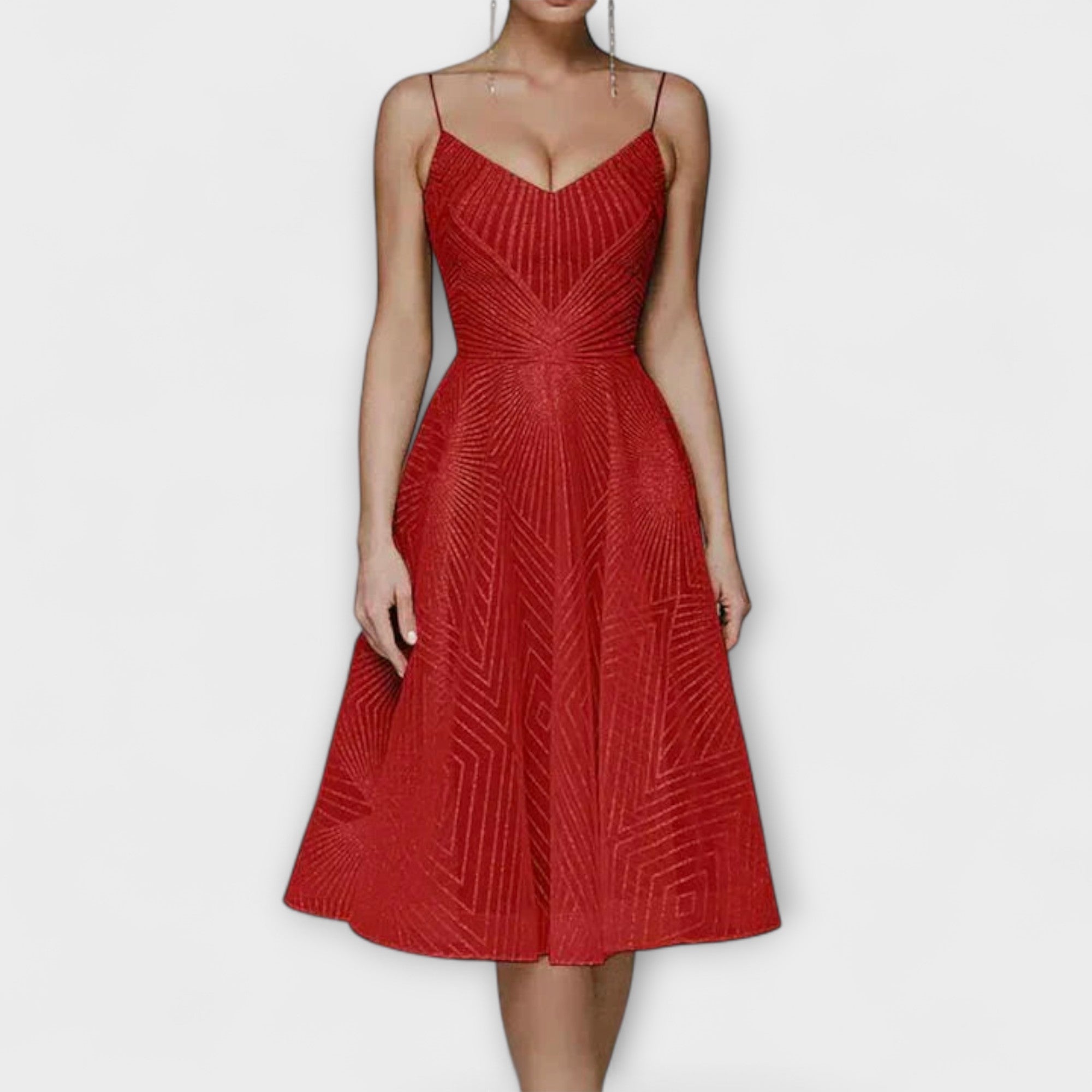 Rotes Midikleid mit Trägern, V-Ausschnitt und Stickereimuster in Linienoptik