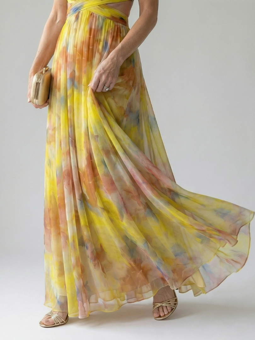Maxi-Wickelkleid mit gelb-blauem Farbverlauf, schwingendem Rock und transparenten Bahnen