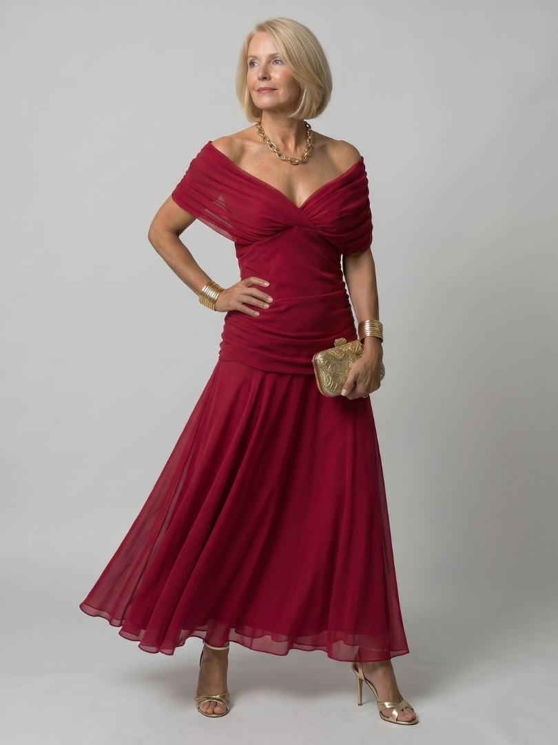 Rotes Off-Shoulder-Midi-Kleid von Calen mit Wickel-Ausschnitt und Faltenrock