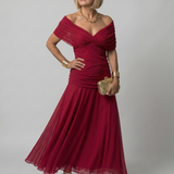 Rotes Off-Shoulder-Midi-Kleid von Calen mit Wickel-Ausschnitt und Faltenrock