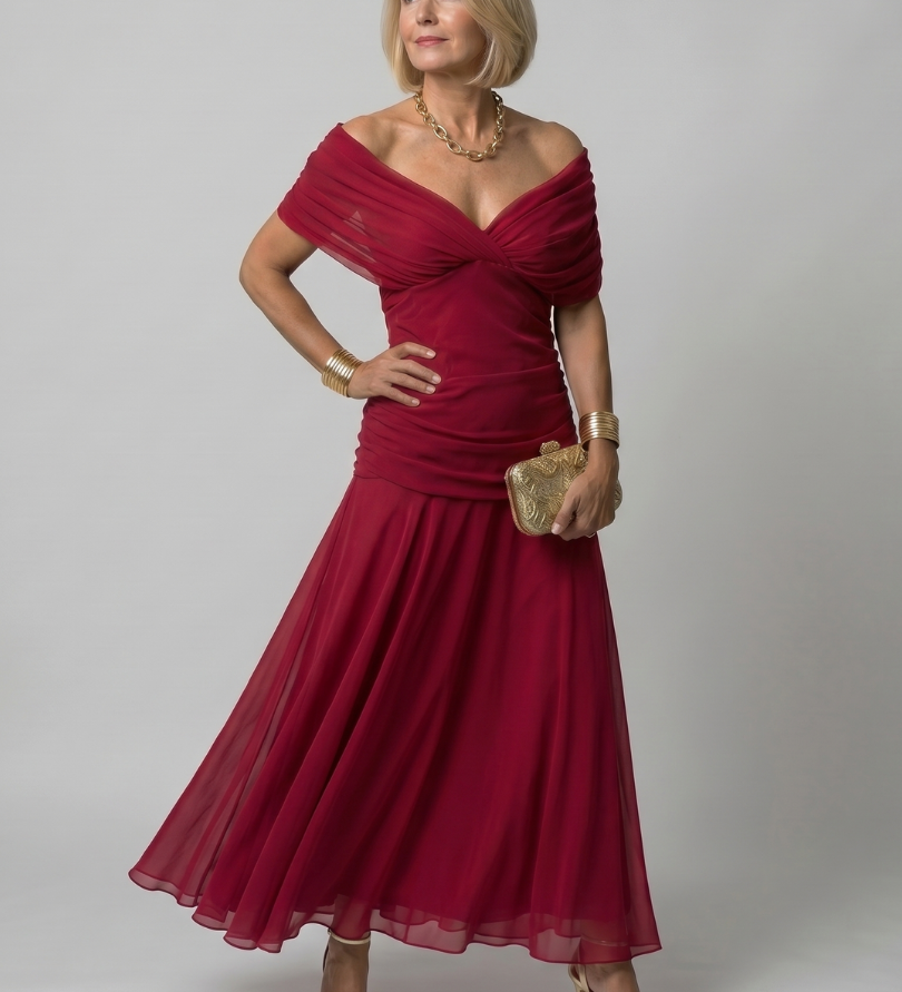 Rotes Off-Shoulder-Midi-Kleid von Calen mit Wickel-Ausschnitt und Faltenrock