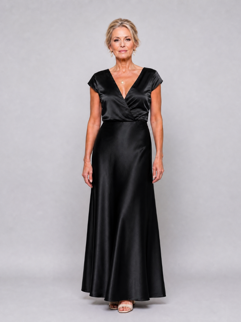 Schwarzes Maxikleid mit Wickeloberteil und kurzen Ärmeln, glänzendem V-Ausschnitt