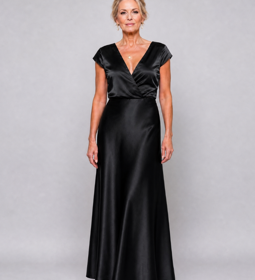 Schwarzes Maxikleid mit Wickeloberteil und kurzen Ärmeln, glänzendem V-Ausschnitt