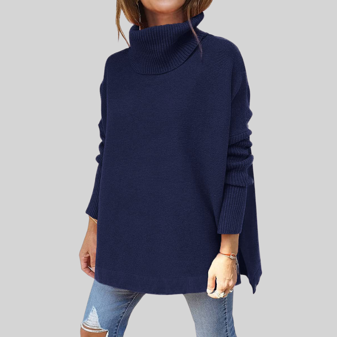Oversize-Pullover mit Rollkragen, marineblau, lange Ärmel, Rippbündchen