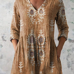 Lange Leinenbluse in Beige mit V-Ausschnitt, 3/4 Ärmeln und floralem Blockdruck