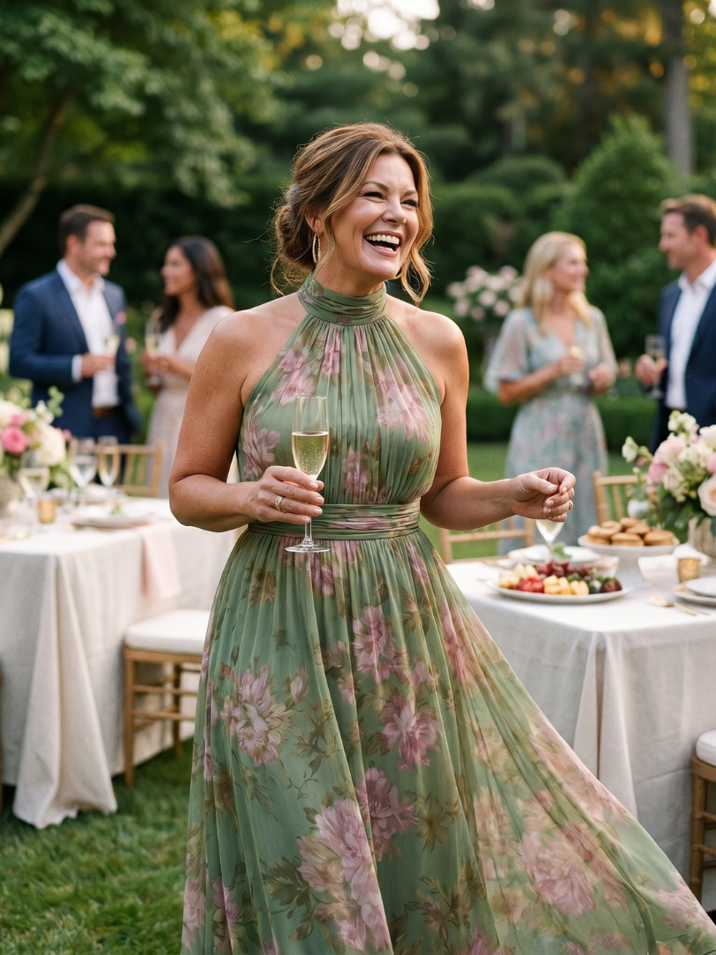 Halter-Midikleid Salbeigrün mit rosa Blüten, geraffter Kragen und fließender Rock