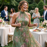 Halter-Midikleid Salbeigrün mit rosa Blüten, geraffter Kragen und fließender Rock
