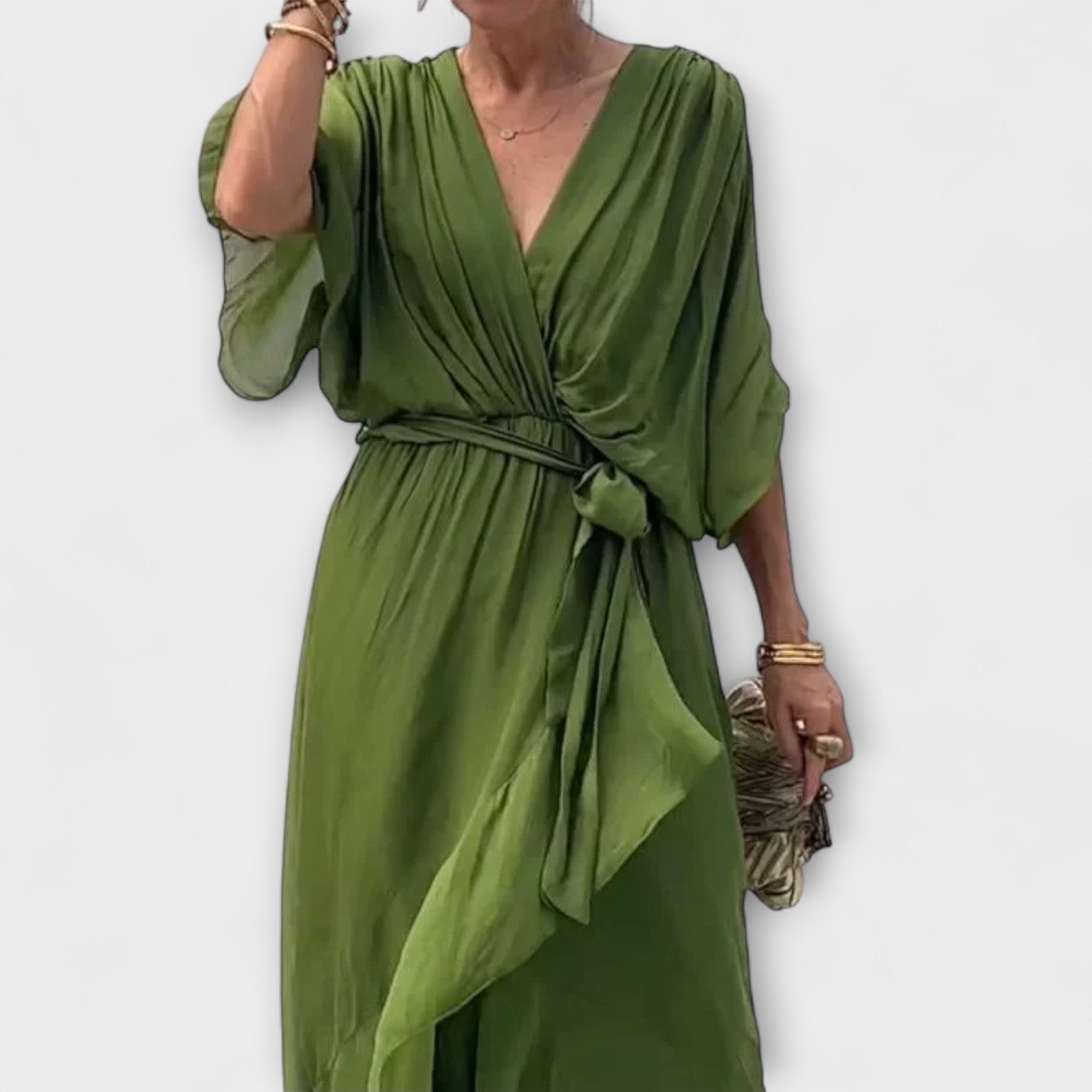 Chiffonkleid mit V-Ausschnitt, grüner Wickel-Look, Volantärmel, Bindegürtel