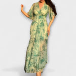 Lana Blumen-V-Ausschnitt-Kleid mit locker fallendem Rock und Rüschen, hellgrün