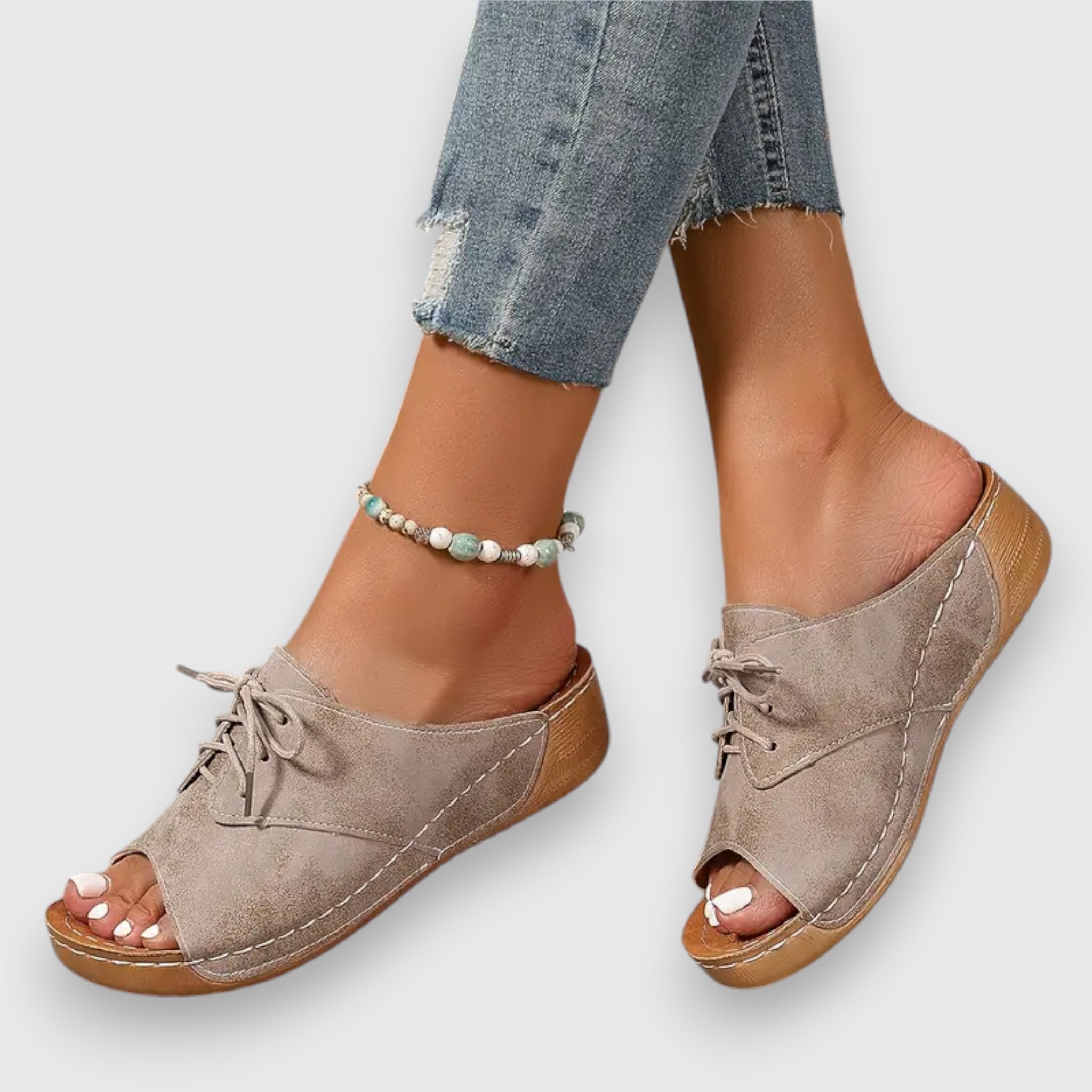 Vintage Stil Sandalen, taupe Veloursleder-Optik, offene Zehen, Schnürung, hellbraune Sohle