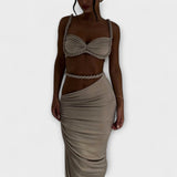 Set aus Zopf-Crop-Top und Maxirock, taupe-beige changierend