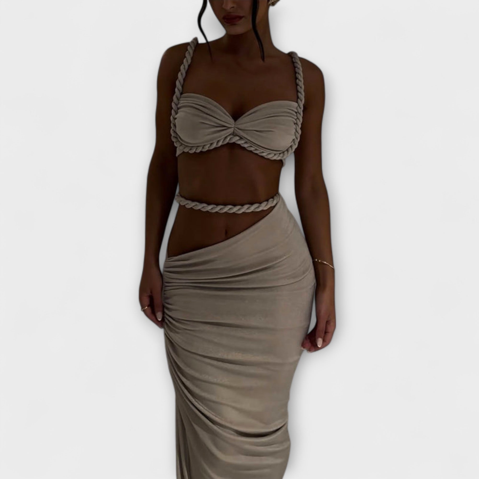 Set aus Zopf-Crop-Top und Maxirock, taupe-beige changierend
